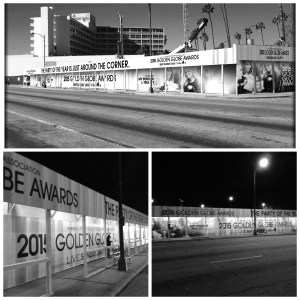Golden Globe -gaala pidetään sunnuntaina 11.1.2015 Beverly Hilton -hotellissa. Ohikulkijat eivät voi olla huomaamatta sitä. Wilshiren ja Santa Monica Boulevardin risteyksessä on jättibanneri. Sen ohi ajaa päivittäin 300 000 autoilijaa. Kuva: Theo Kingma
